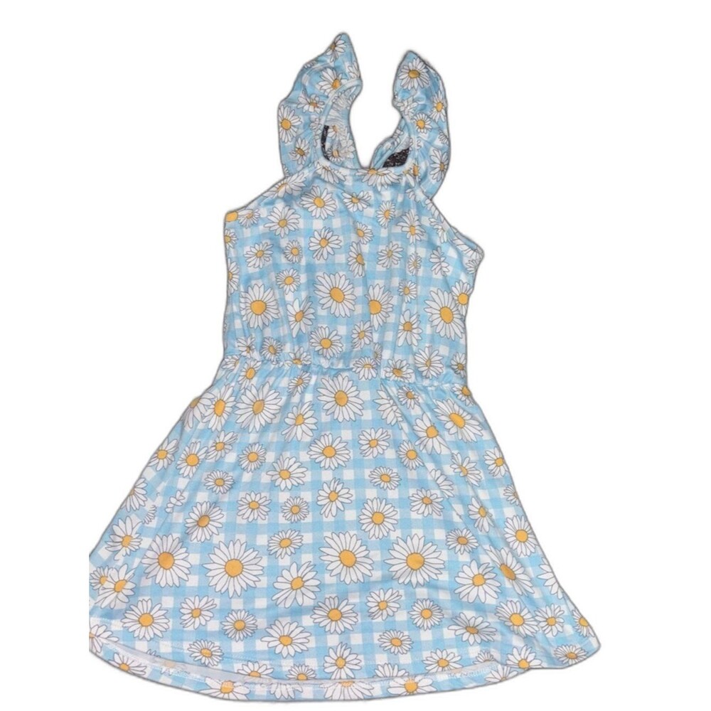 Shosho Girls Blue Gingham Daisy Print Tie Strap Dress Size 5